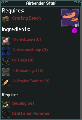 item crafting recipe for "Airbender Staff" item crafting recipe for "Airbender Staff"