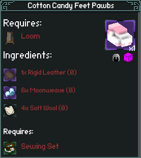 item crafting recipe for "Cotton Candy Feet Pawbs" item crafting recipe for "Cotton Candy Feet Pawbs"