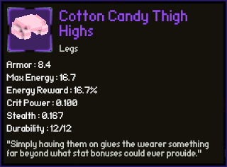 item preview and stats for "Cotton Candy Thigh Highs". the description reads: "Simply having them on gives the wearer something far beyond what stat bonuses could ever provide." item preview and stats for "Cotton Candy Thigh Highs". the description reads: "Simply having them on gives the wearer something far beyond what stat bonuses could ever provide."