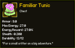 item preview and stats for "Familiar Tunic". the description reads "For a small critter on a big adventure." item preview and stats for "Familiar Tunic". the description reads "For a small critter on a big adventure."