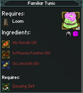item crafting recipe for "Familiar Tunic" item crafting recipe for "Familiar Tunic"